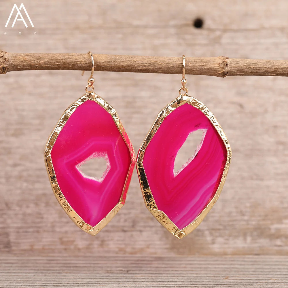 Trendy Gold Plated Agate Labradorite and Purple Chalcedony Dangle Earrings for Women Slice Slab Hook Design-Jewelry Gifts