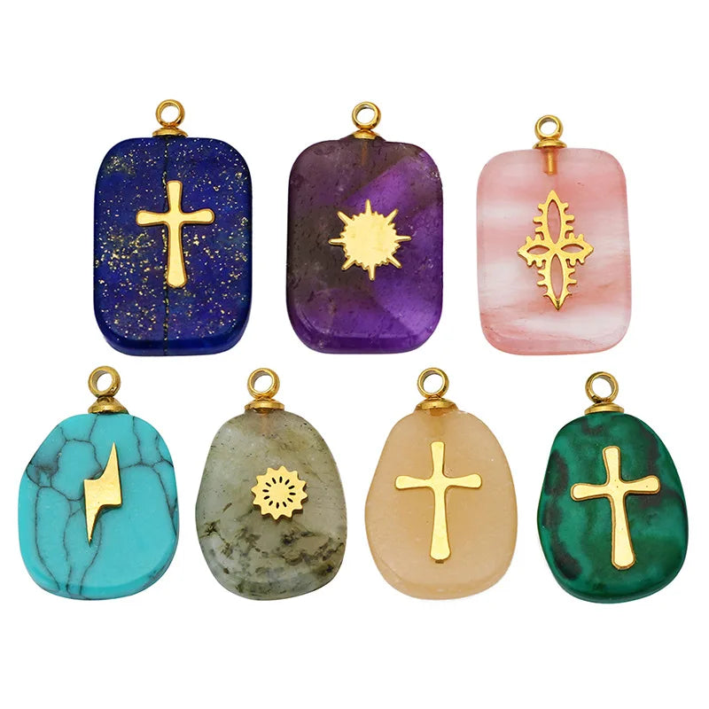 JF7354 Fashion Religious Jewelry Supplies Precious Stone Gemstone Pendant with Gold Stainless Steel Cross North Star