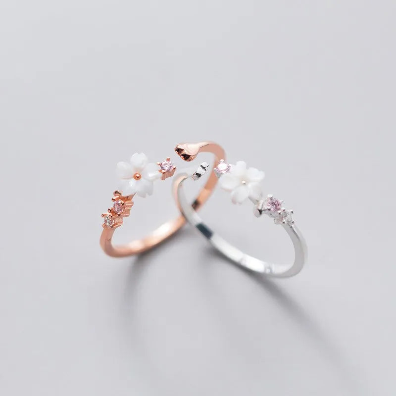Shell Flower Shape Adjustable Open Rose Gold Plated 925 Sterling Silver Zircon Finger Rings Fine Jewelry for Women Girls