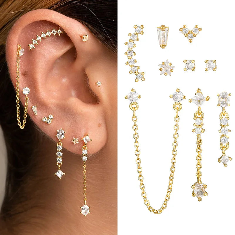 9 Pcs Best Earring Sets Zircon Chain Earrings Chain Pendant and Earring Set Brass 18K Gold Trendy 925 Sterling Silver 3g Tassels