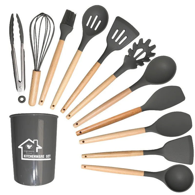 11 Pcs Non-Stick Heat Resistant Food-grade Silicone Utensils Spatula Set with Wooden Handle Kitchen Cooking Tools