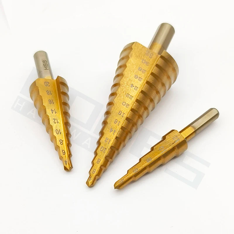 Titanium Coating High Speed Steel HSS Step Drill Bits with Straight Flutes 3-flats Shank 3pcs 4pcs Kit Set Package