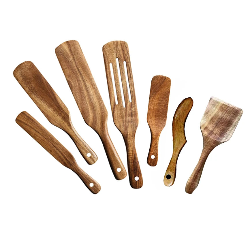 2022 New Durable Non-Stick Wooden Spatula Set Set of 7 Natural Wood Spurtles Utensils Tools with Slotted Stirring Features
