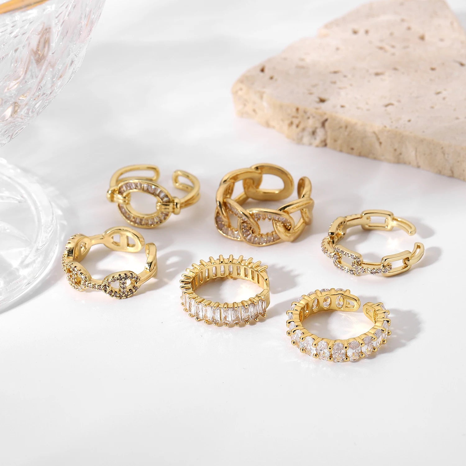 18K Gold Plated Cubic Zirconia Rings Adjustable Open Shiny CZ Zircon Stone Paved Stackable Eternity Wedding Band Ring
