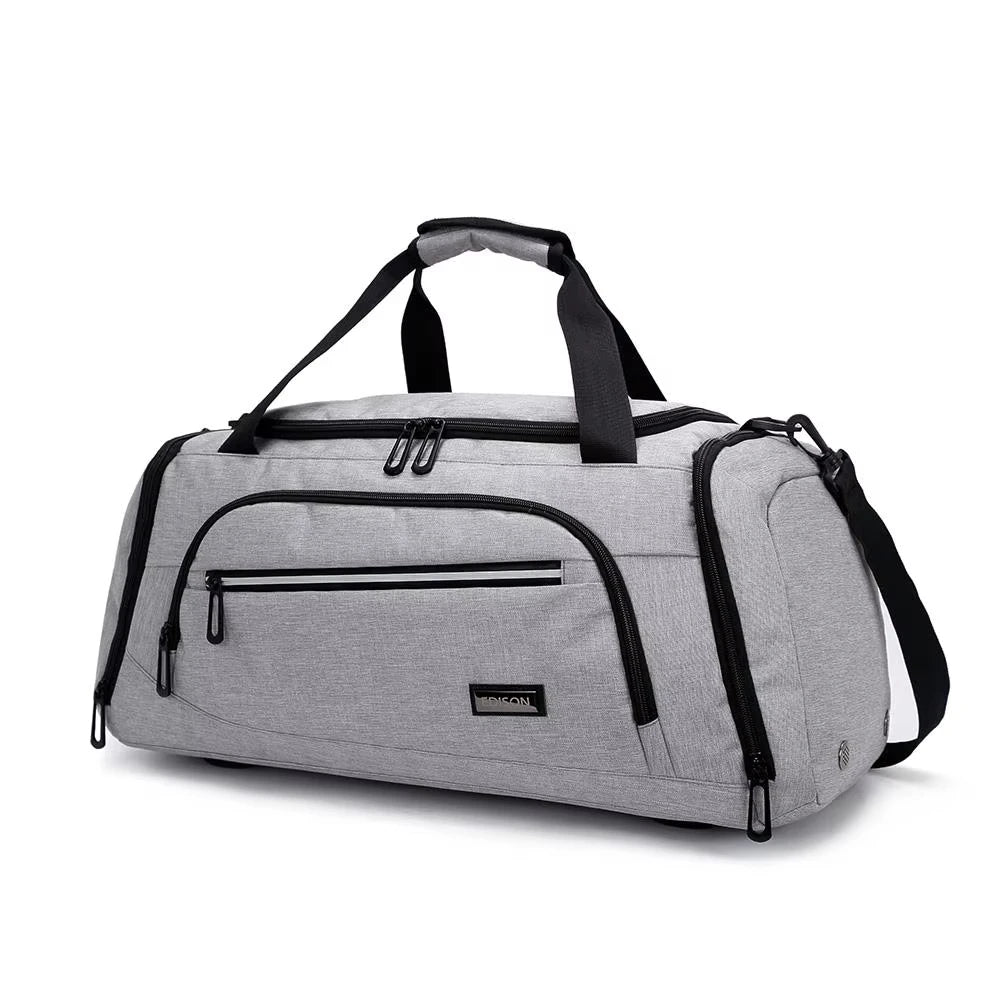 EURCOOL Luxury Gym Sports Duffel Bag Large Capacity Grey Zipper Foldable Canvas Leather Carry-on Travel for Men and Women