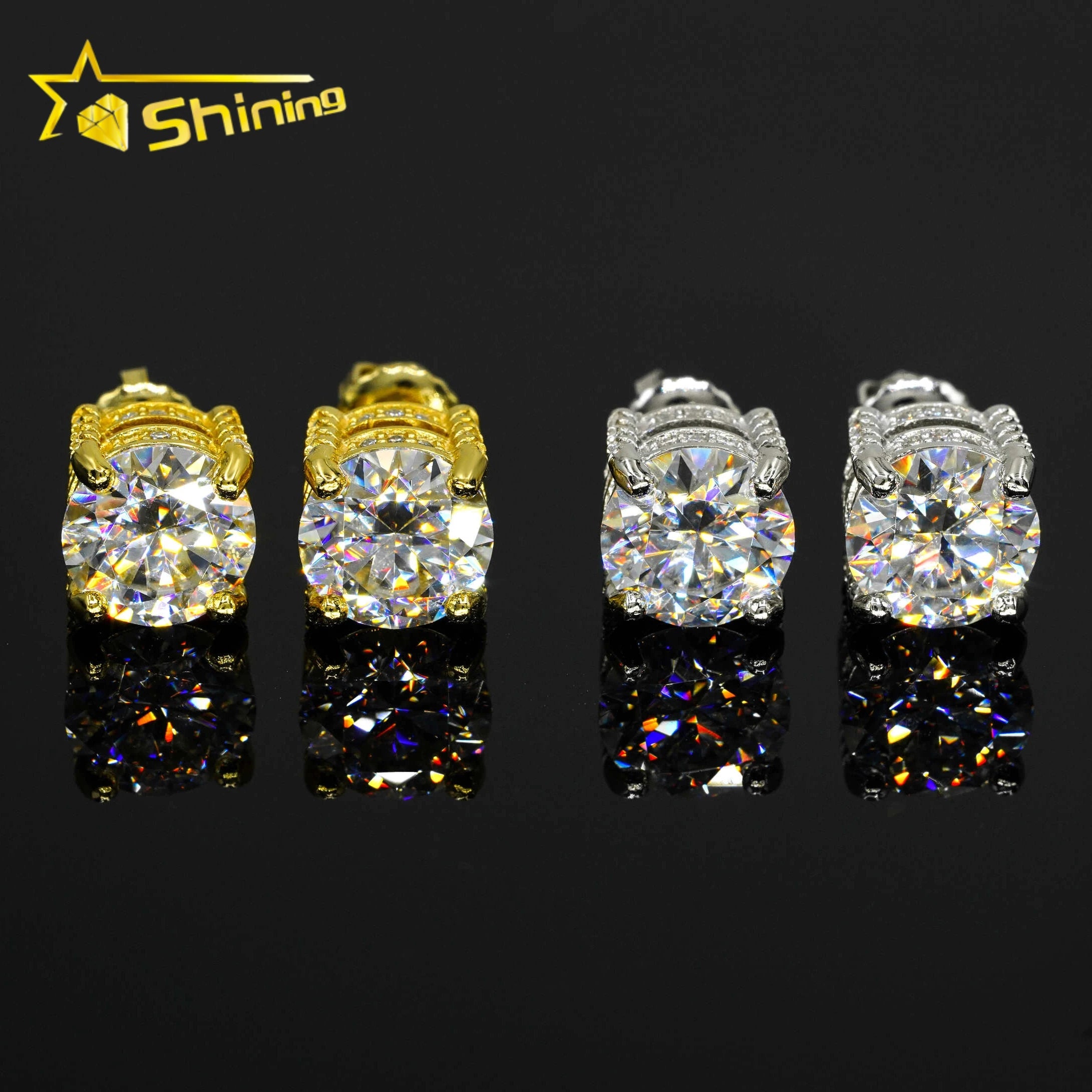 New Arrival Moissanite Earrings 18k Gold Plated Silver Jewelry Full Round Side Stones Screw Back Stud Earrings