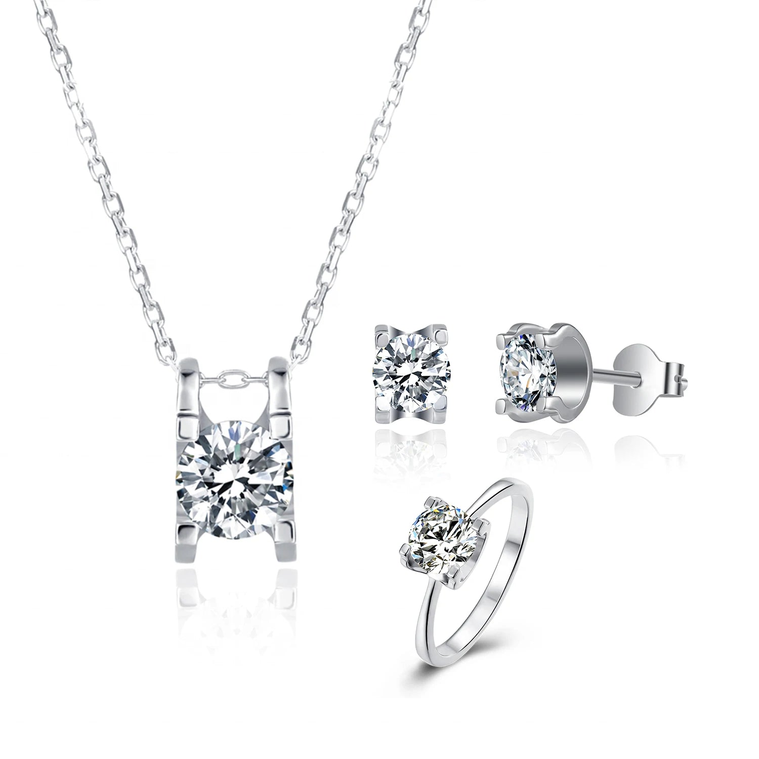 T04A Abiding Competitive Price Jewelry Set Rhodium Plated 1ct Moissanite Necklace Ring Earrings 925 Sterling Silver Jewelry Set