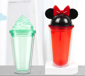 BPA Free 12oz 15oz 22oz Double Walled Mouse Ears Reusable Water Tumblers Acrylic Mouse Cup with Straw