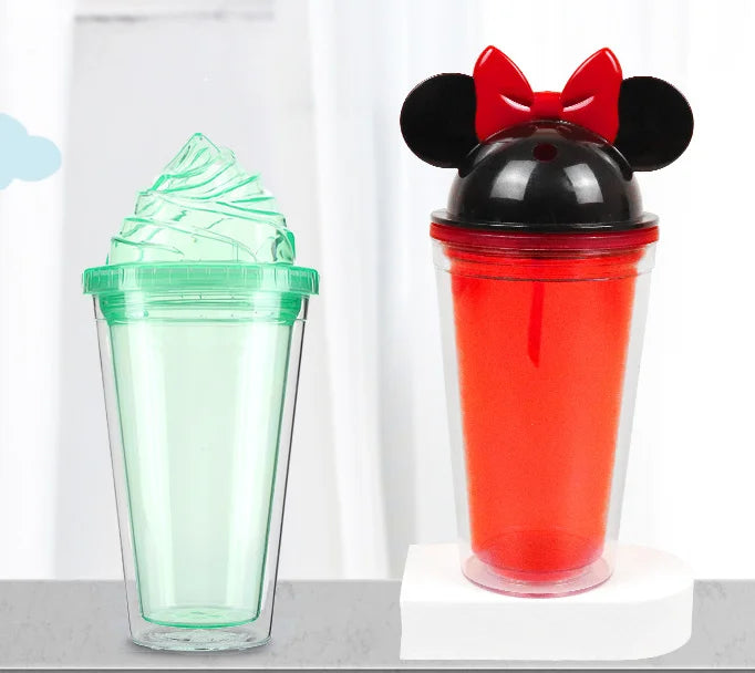 BPA Free 12oz 15oz 22oz Double Walled Mouse Ears Reusable Water Tumblers Acrylic Mouse Cup with Straw