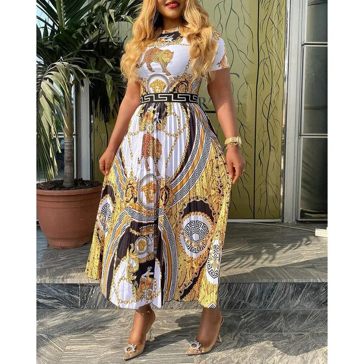 Plus Size Fashion High Waist Long Skirt Pleated Dress Retro Print Dress