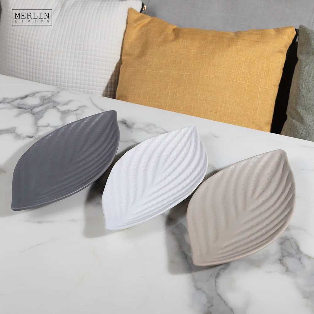 Merlin Living Modern White Grey Ceramic Decorative Plate Luxury Nordic Matte Porcelain Tableware with Palm Leaf Shape Home Decor MegaBDM