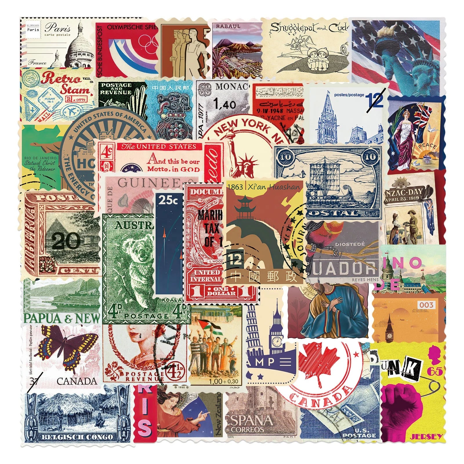 50Pcs Retro Travel Tourism Postage Stamp Decorative Sticker for Scrapbook Notebook Diy Paper Decals Vinyl Stickers