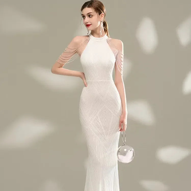 Luxury Women's Elegant Evening Dresses Girl's Sleeveless Halter Gold Sequins Mermaid Party Dress With Tassel
