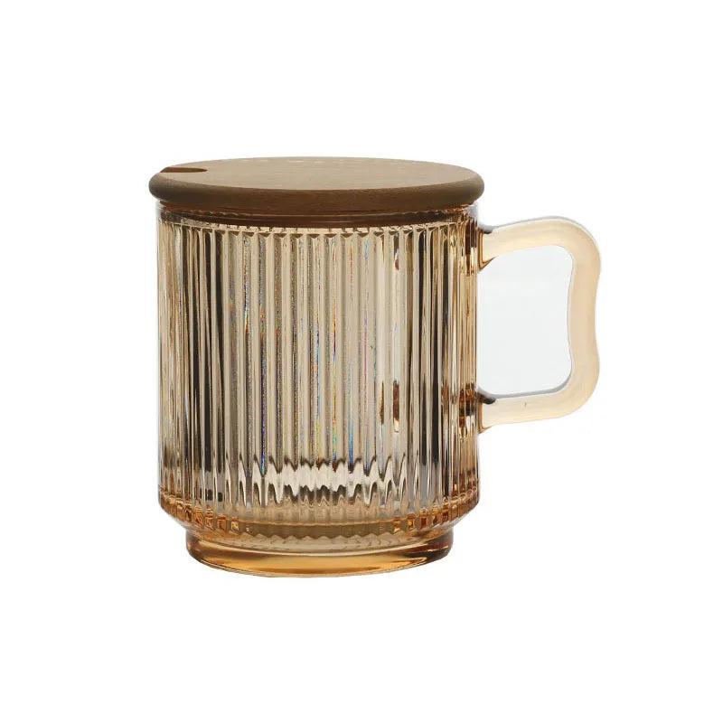 Wholesale New Arrival Premium Classical Vertical Stripes Glass Tea Cup Clear Glass Coffee Mug with Bamboo Lid