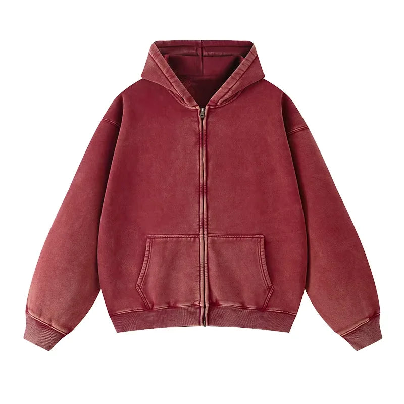 Custom Logo Oversized Heavyweight 100% Cotton Retro Double Layer Zip Hoodie High Quality Streetwear Vintage Wash Embroidered