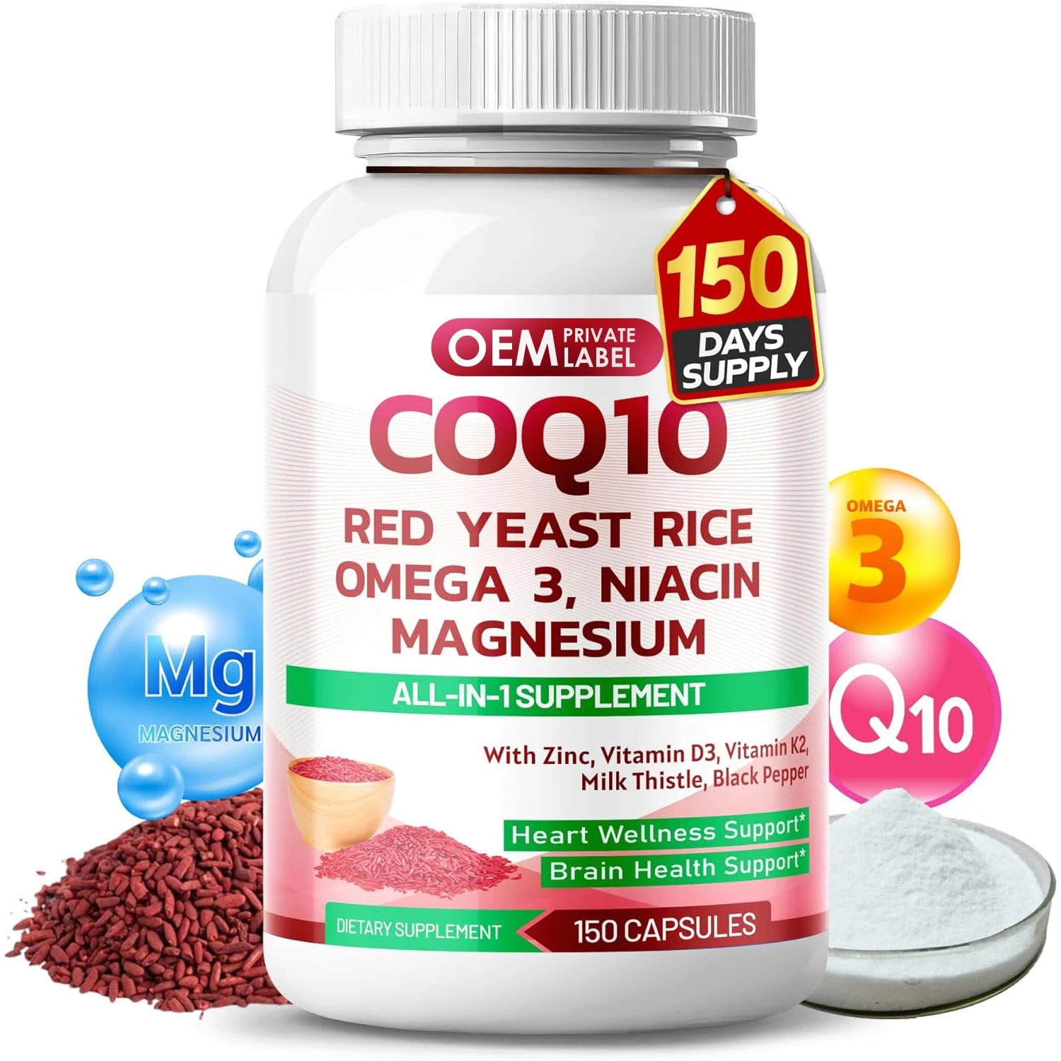 OEM COQ10 + Red Yeast Rice Supplement 10 in 1 COQ10 Capsules with Omega 3 Vitamin B3 K2 D3 Zinc Milk Thistle Black Pepper