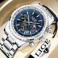 LG8989 Blue 46mm Men's Stainless Steel Watch 3 Subdials Luxury Fashion Sport Simple Date Chronograph Pointer Quartz + Gift Box