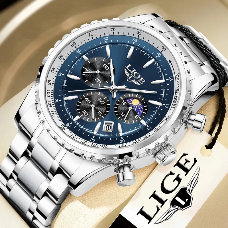 LG8989 Blue 46mm Men's Stainless Steel Watch 3 Subdials Luxury Fashion Sport Simple Date Chronograph Pointer Quartz + Gift Box