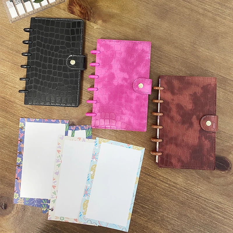 RINGNOTE A6 Size Premium Hardcover Leather Disc Bound Planner Notebook Gift-Black/Pink/Brown UV Printing