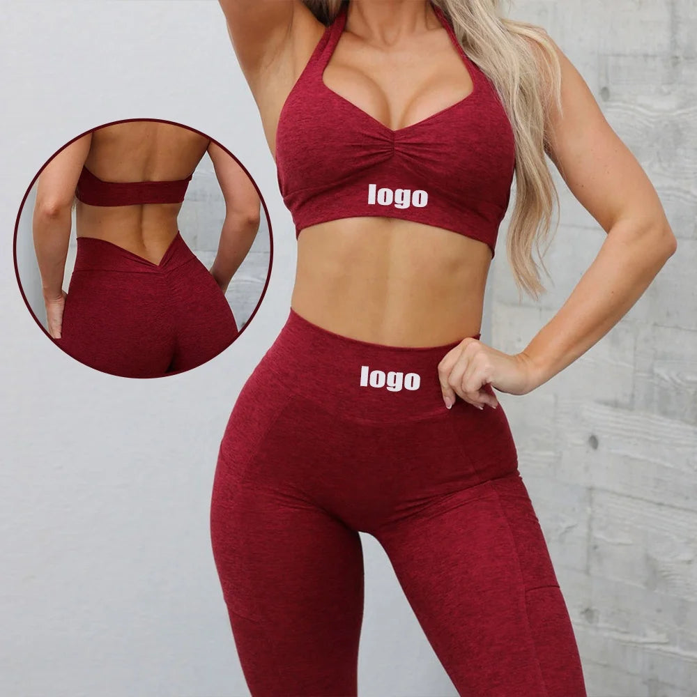 Ropa Deportiva Mujer Tendencia 2023 Yoga Sets Fitness Women Halter Sports Bra V Back Leggings Custom Workout Set