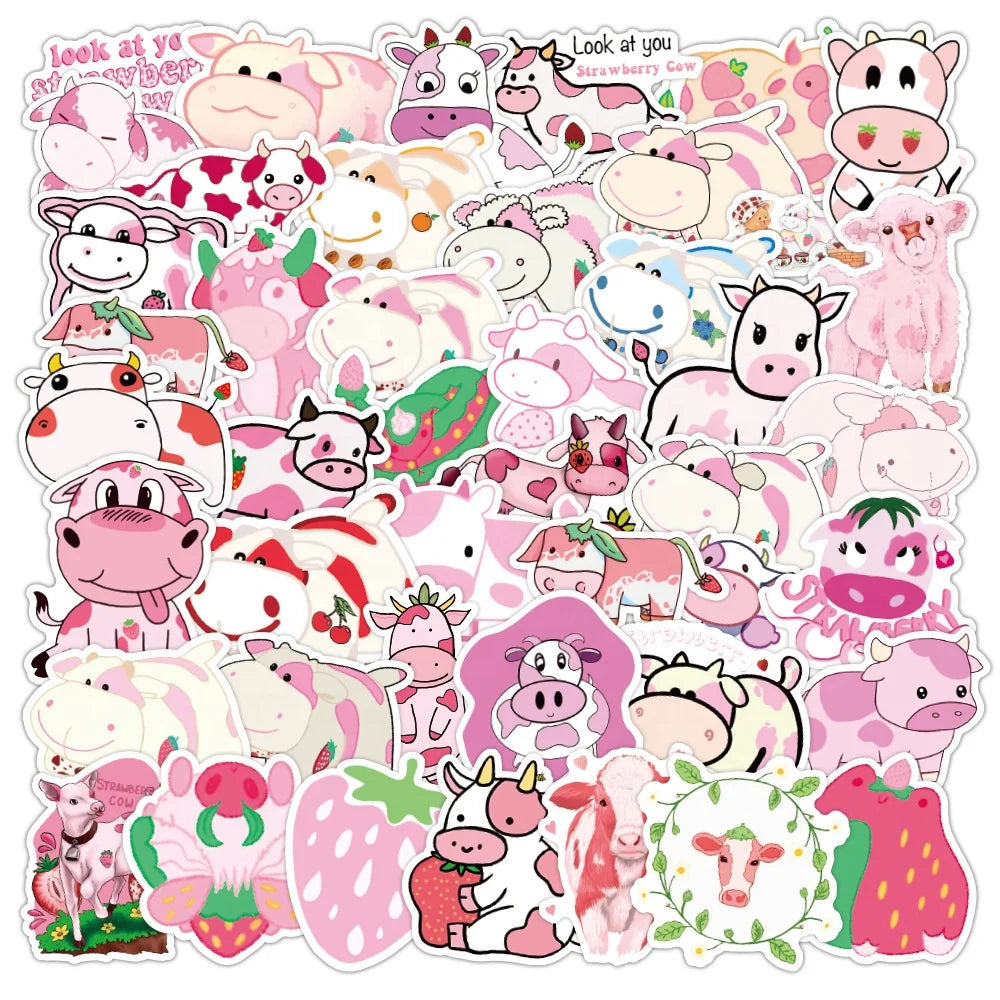 50Pcs VSCO Cute Pink Strawberry Cow Cartoon Stickers for Girl Luggage Bottle Laptop Washi Label