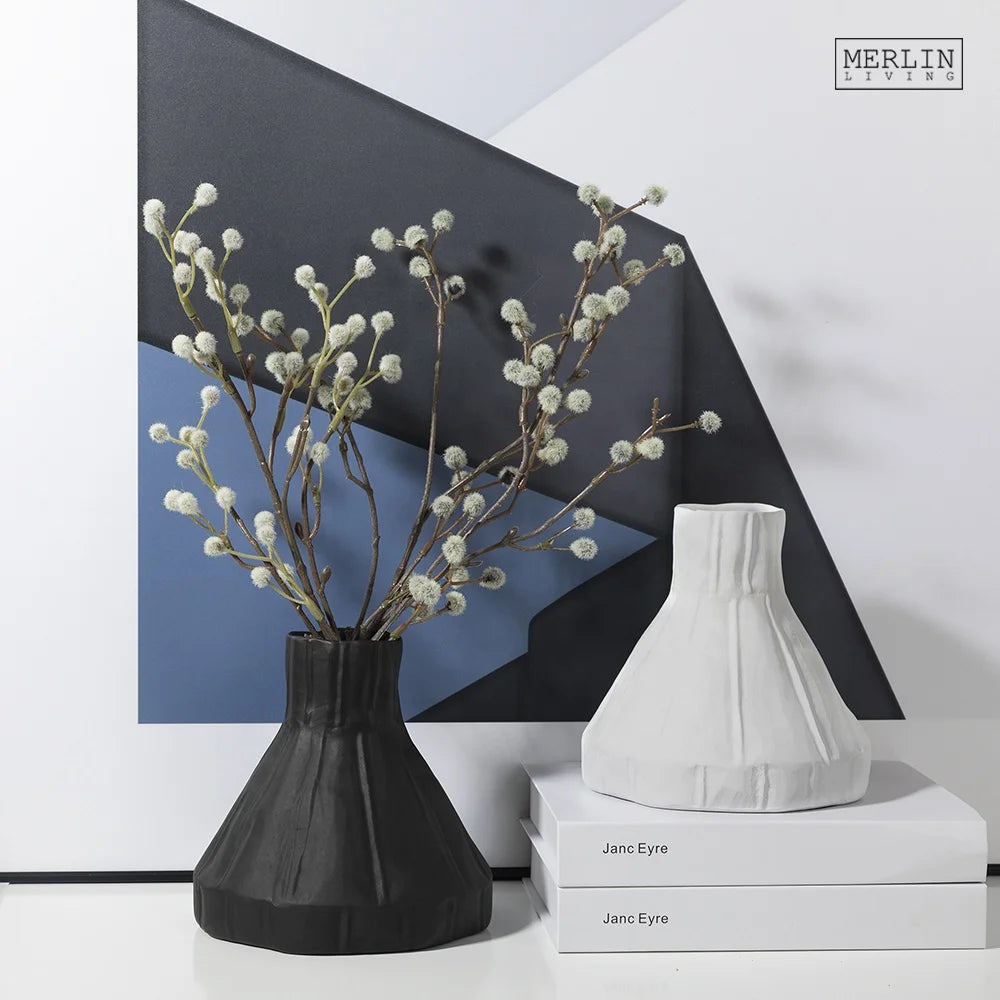 Merlin Living Nordic Folded Tabletop Vase Modern Wrinkly Black Ceramic Porcelain Home Decoration for Living Room