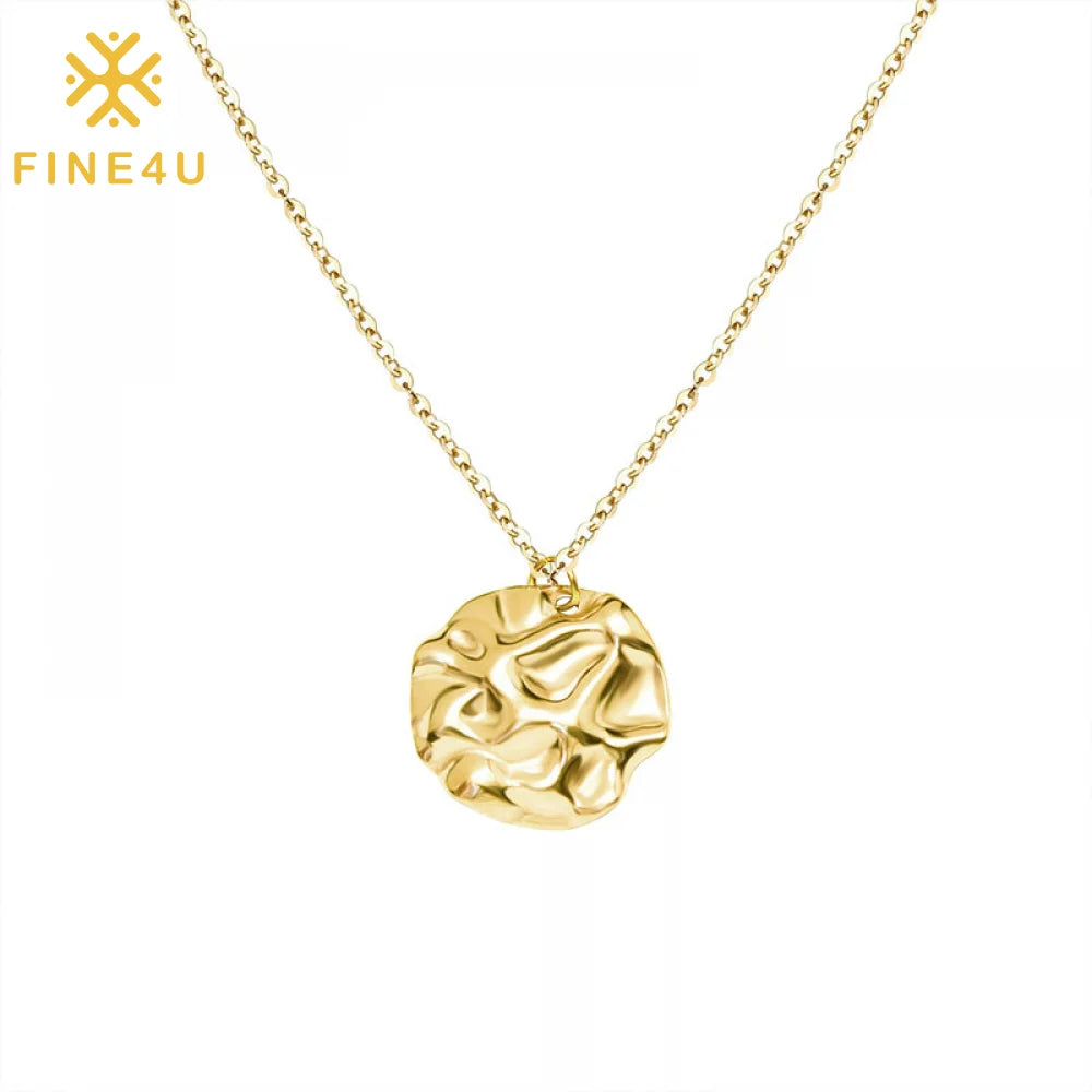 Women Fashion Jewelry Simple Irregular Uneven Hammered Disc Pendant 18K Gold Plated Necklace