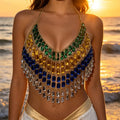 Music Rave Outfit Colorful Gemstone Beaded Bralette Sheer Mesh Bikini Cover up Layered Rhinestone Halter Body Chain Crop Top MegaBDM