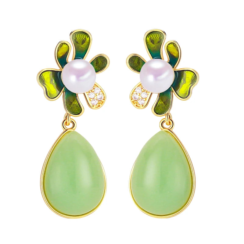 New Chinese Style Freshwater Pearl Earrings Natural Jade Pulp Droplet Shape Elegant Jewelry