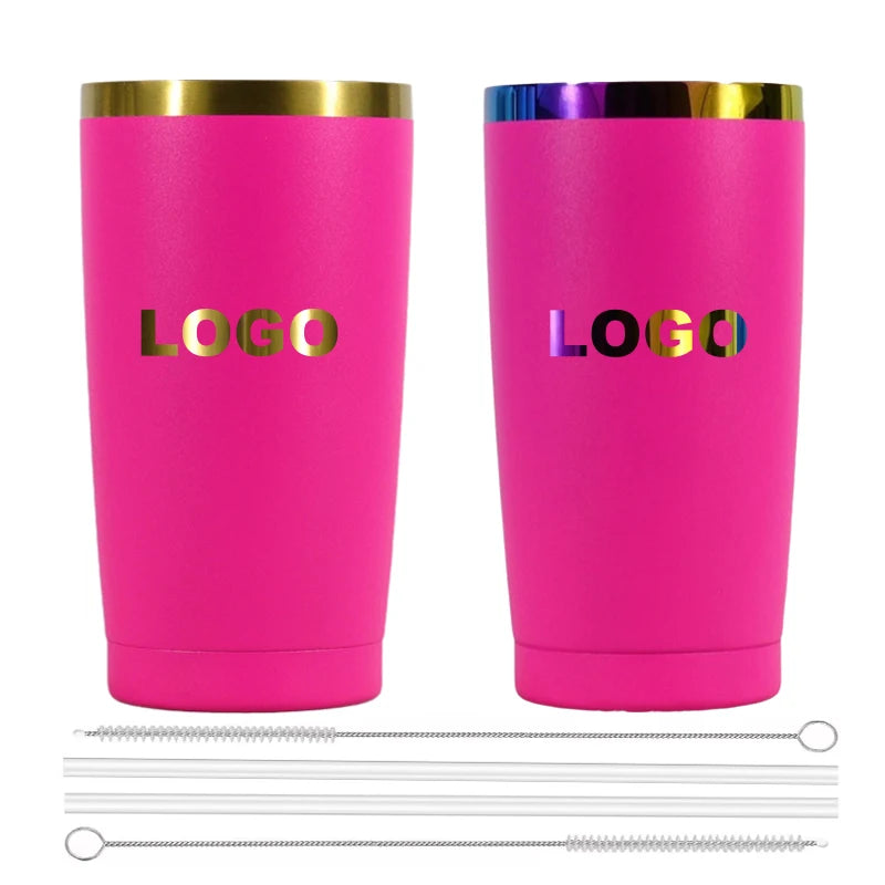 Custom Stainless Steel Hot Pink Cups Vacuum Insulated Holographic Powder Coated Rainbow Plated 20 oz Tumbler With Leak Proof Lid