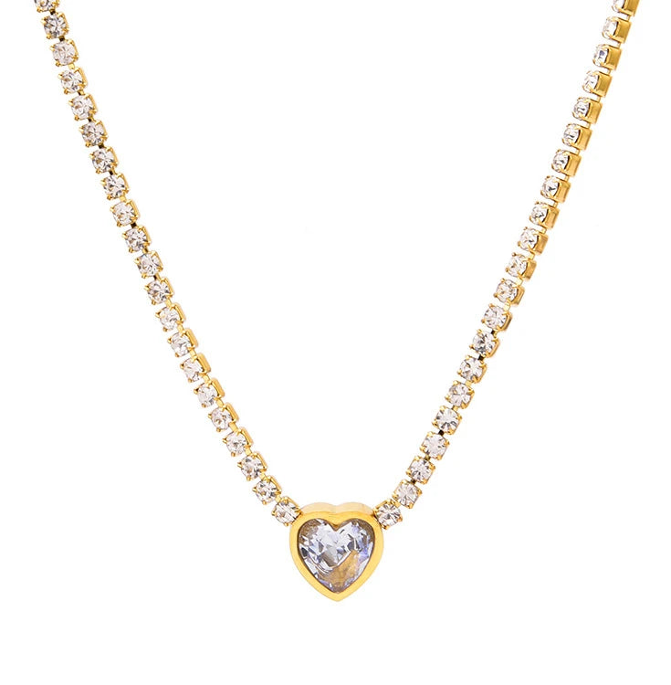 Trendy Stainless Steel ZIRCON Heart Charm Tennis Necklace Gold Plated for Gift