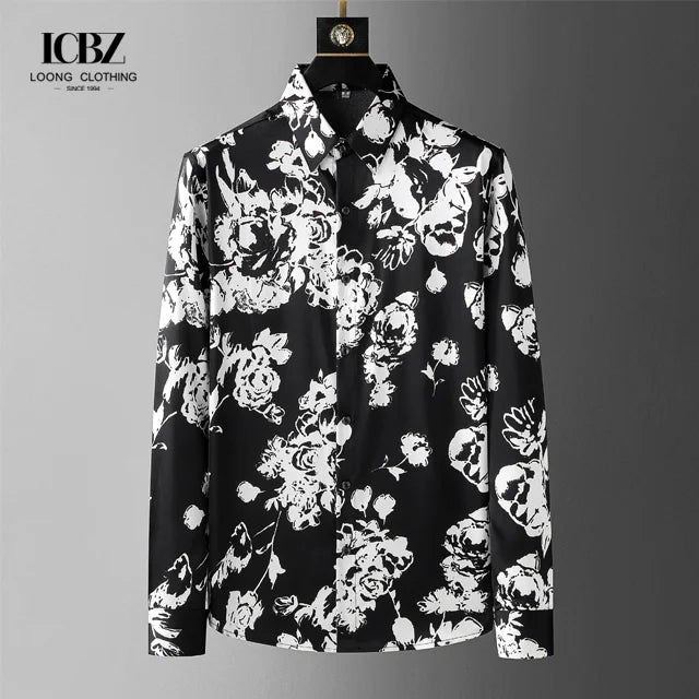Men's 100% Cotton Printed Long Sleeve Stand Collar Single Breasted Casual Dress Shirt Comfortable Breathable Anti-shrink Spring