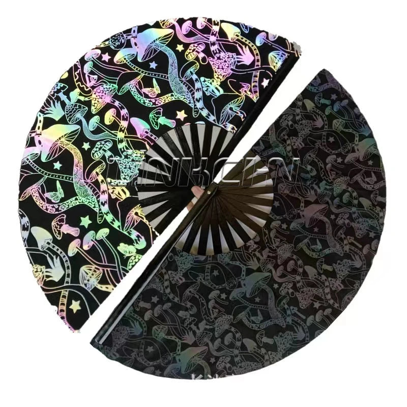 13 Inches Iridescent Holographic Fabric Folding Fan Bamboo Handle Reflective Large Hand Fans