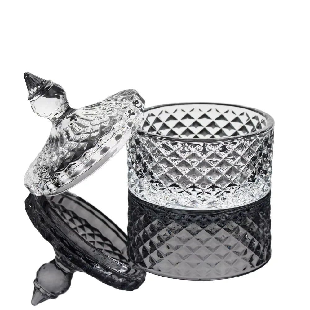 Wholesale New Product Fancy Colored  Crystal  Storage Jar Diamond Cut Lidded Glass Geo Cut Glass  Candy Jar  Candle Jar