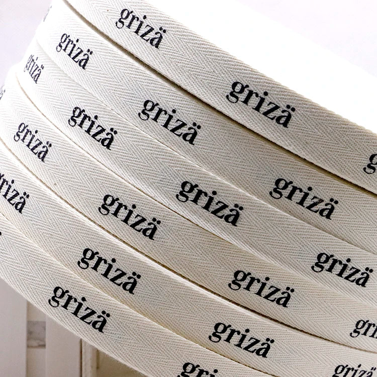 Wholesale Customized High Density Custom 2 cm 3/4 Inch Natural White Herringbone Organic Cotton Ribbon Black logo Printed Ribbon