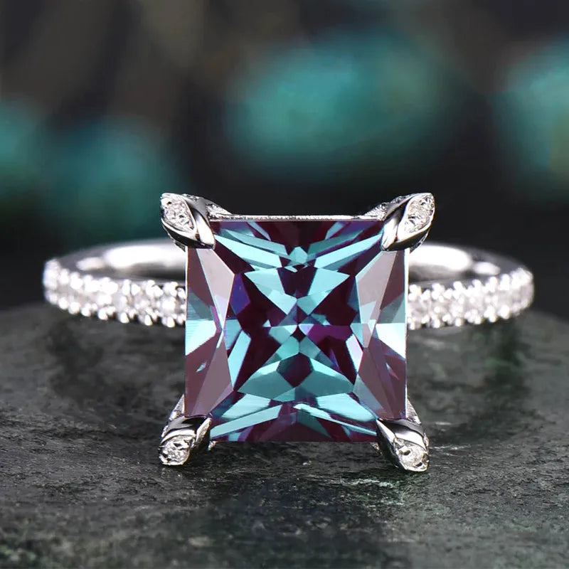 CAOSHI Hot Selling Sliver Plated Women Jewelry Elegant Blue Square Cubic Zirconia Banquet Four Claw Sapphire Stone Ring