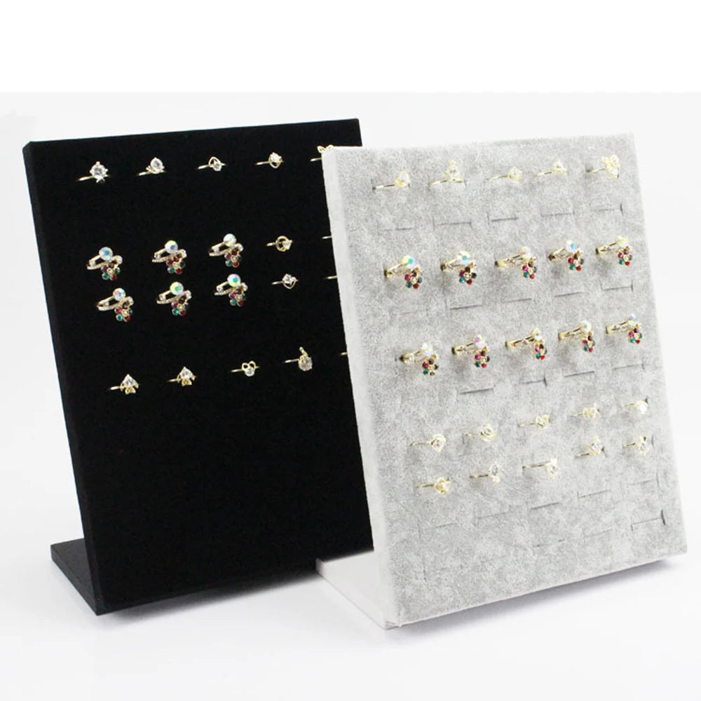 Wholesale Boutique Flat Velvet 50pcs Finger Ring Jewelry Display showcase Holder Tray Stand case Black Grey for Shop