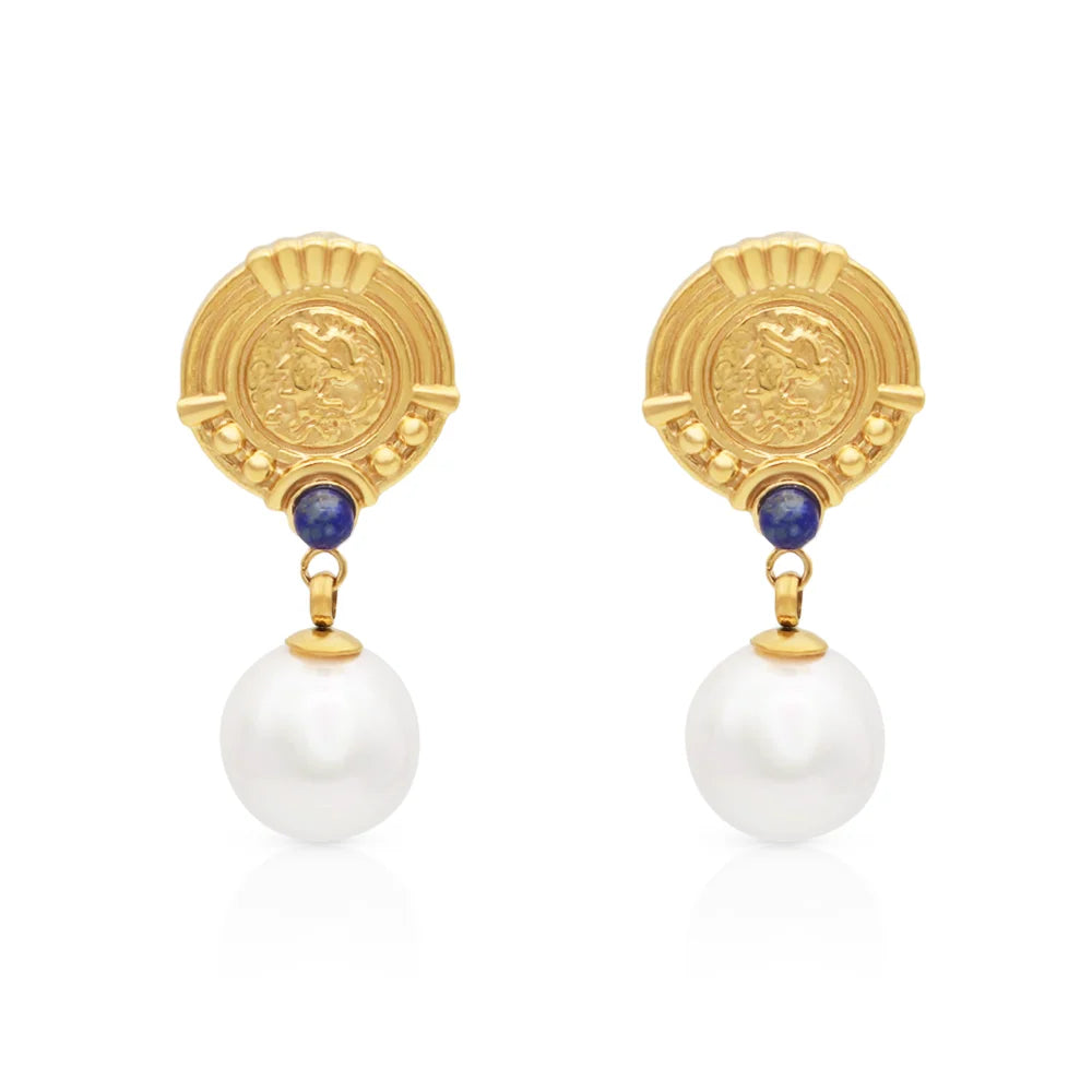 Chris April 316L Stainless Steel Palace Style Natural Lapis Lazuli Gemstone Man-made Pearl Luxury Drop Earring