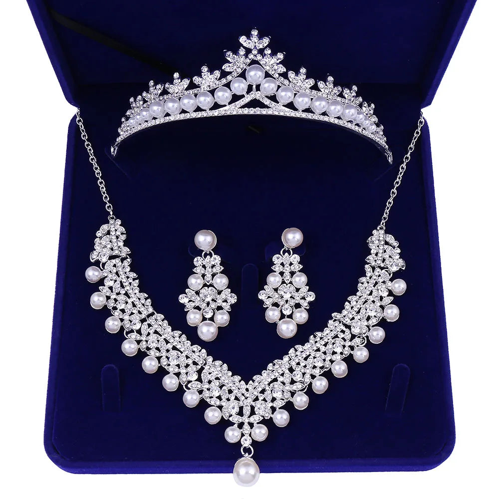 Korean Boxed Pearls Small Crystal Flowers Bridal Wedding Crown Necklace Earring Headpiece Set Girl White Alloy Hair Accessories