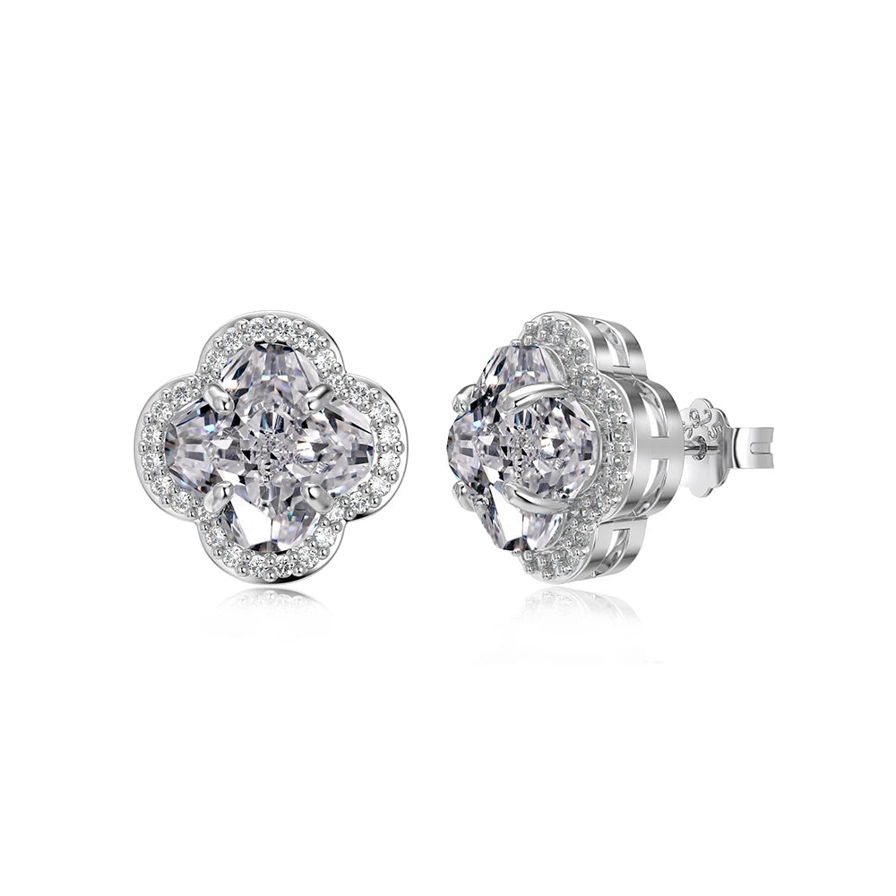 Dylam Dazzling Fashion Fine Hypoallergenic Jewelry Women S925 Silver Rhodium Plated 5A Zirconia Four-leaf Clover Stud Earrings