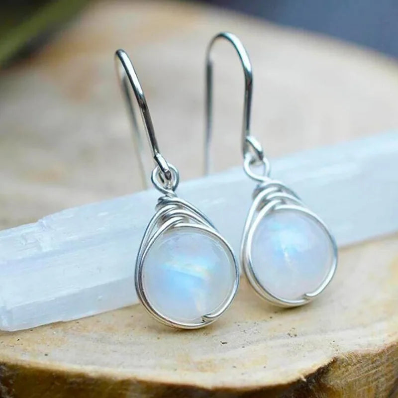 Fashion Jewelry Brincos Designer Moonstone Hook Earrings Natural Gemstone Vintage Twisted Hoop Earings Women