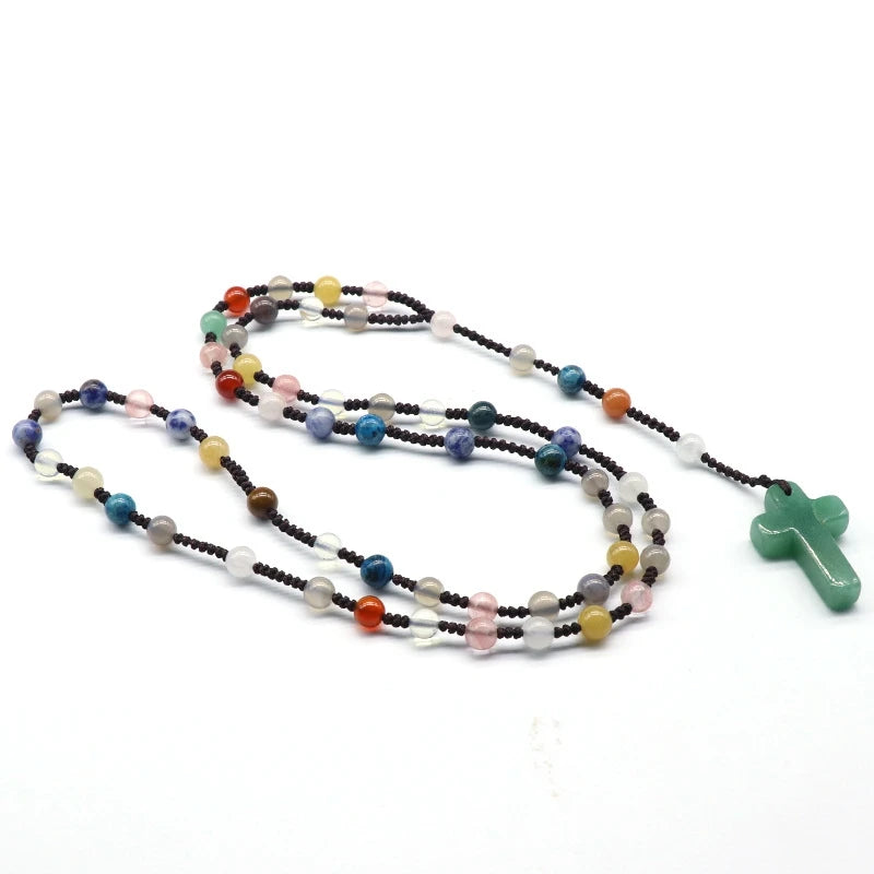 Christian Knot Mala Beads Meditation Yoga Natural Stone Beaded Crystal Gemstone Cross Pendant Mala Rosary Necklace Men Women
