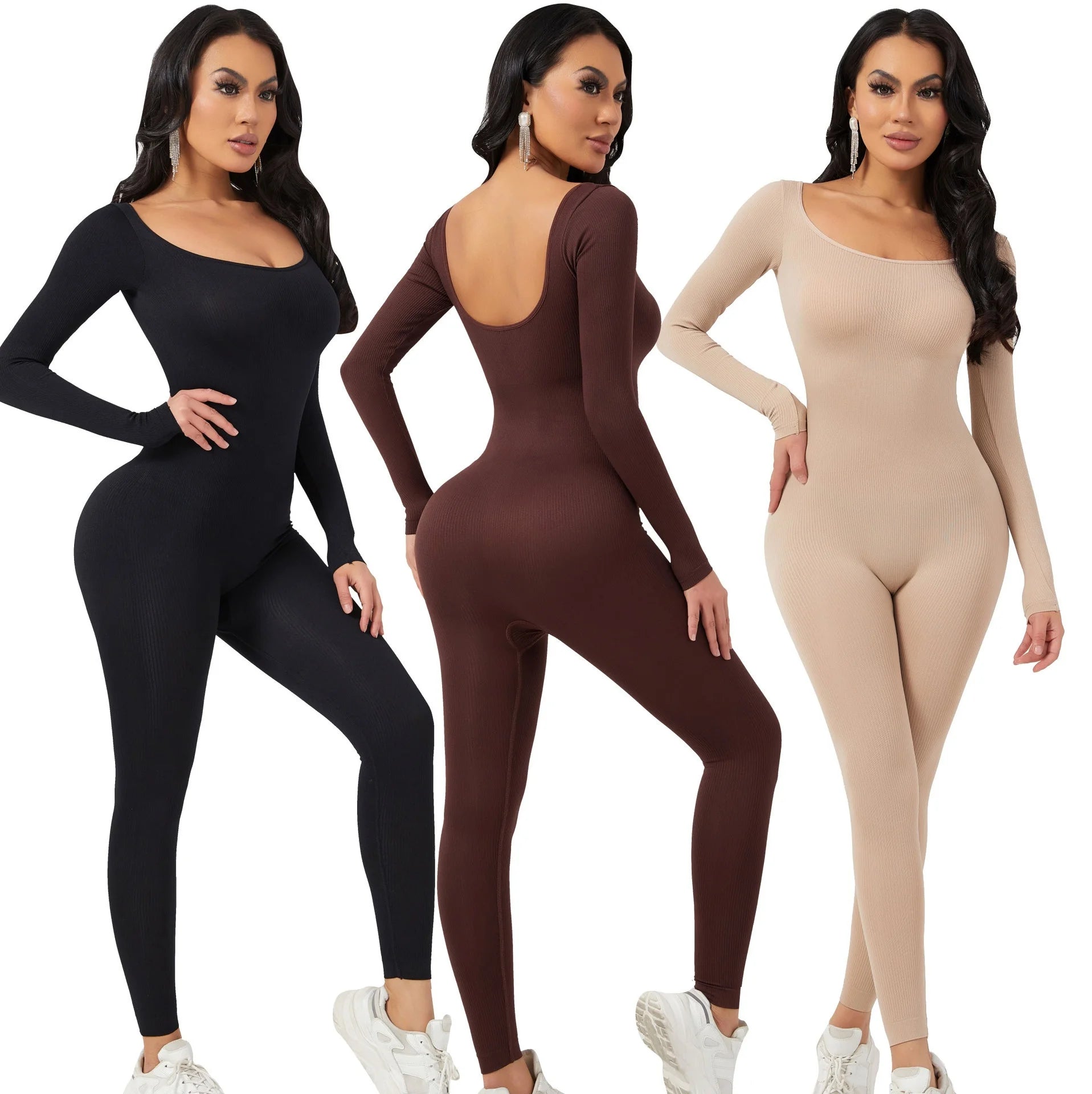 Women's Casual Workout Yoga Ribbed Seamless One Piece Bodysuit Long Sleeve Full Length Leggings Bodycon Jumpsuit Sports