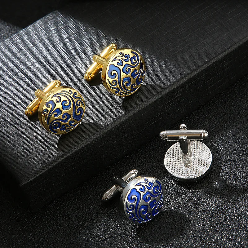Men's Business Accessory Fashion Cufflinks with Round Pattern Carved French Alloy Men's Cufflinks