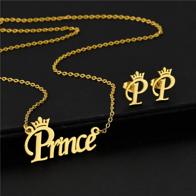 Stainless Steel Letter Jewelry Set 18K Gold Plated Prince Letter Pendant Necklace Stud Earrings Set for Women