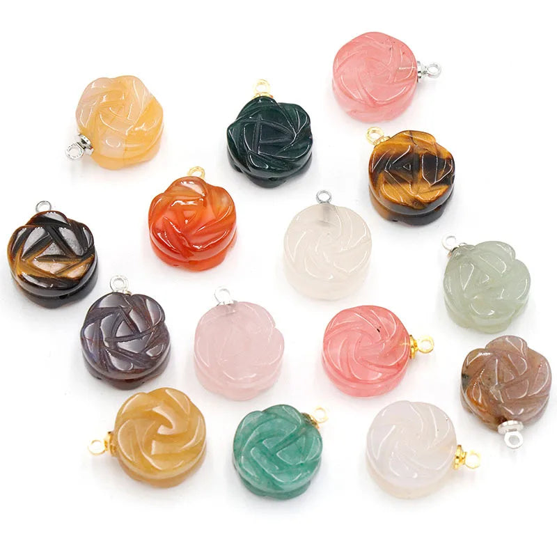 Hand Carved Gemstone Pendants Two Side Rose Flower Natural Crystal Stone Pendant for Necklace Bracelet Jewelry Making