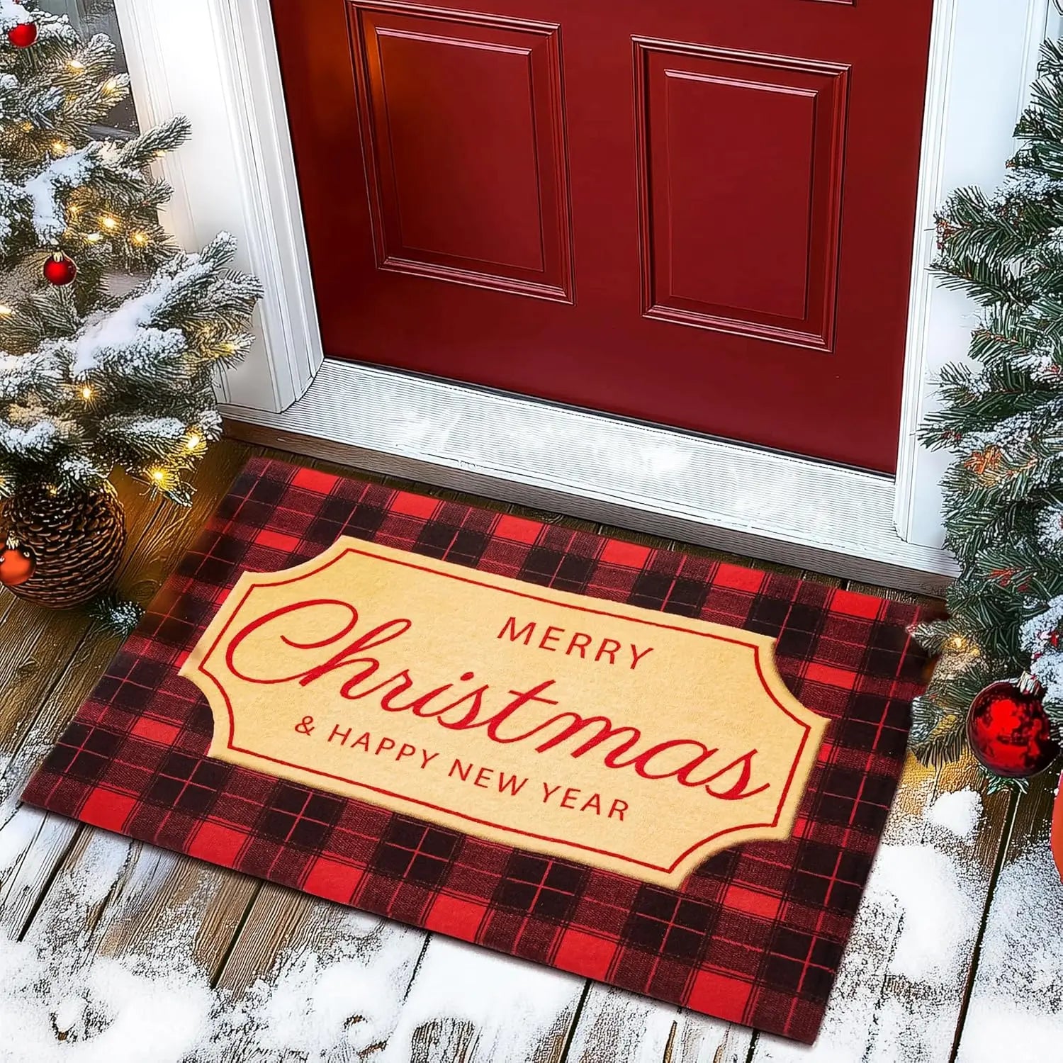 Buffalo Plaid Merry Christmas Indoor/Outdoor Holiday Door Mat Christmas Decorations for Front Door
