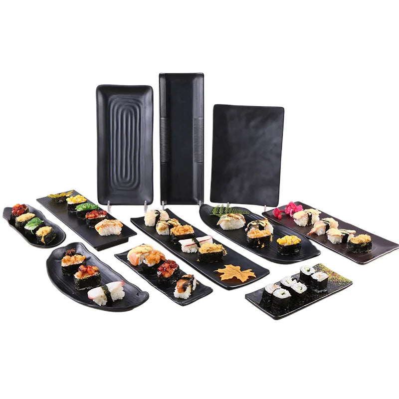 Bulk Wholesale Custom Print Japanese Sushi Black Restaurant Frosted Round Plastic Eco-Friendly Melamine Plates