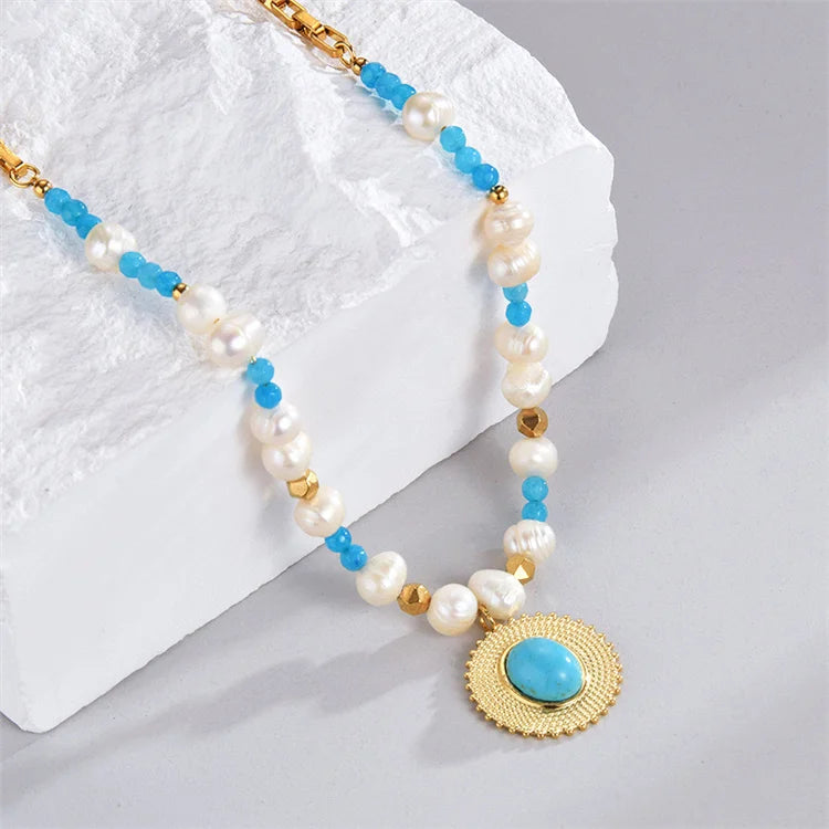 Luxury Dainty Blue Turquoise Round Pendant Bohemian Jewelry Beaded Chain Necklaces for Women