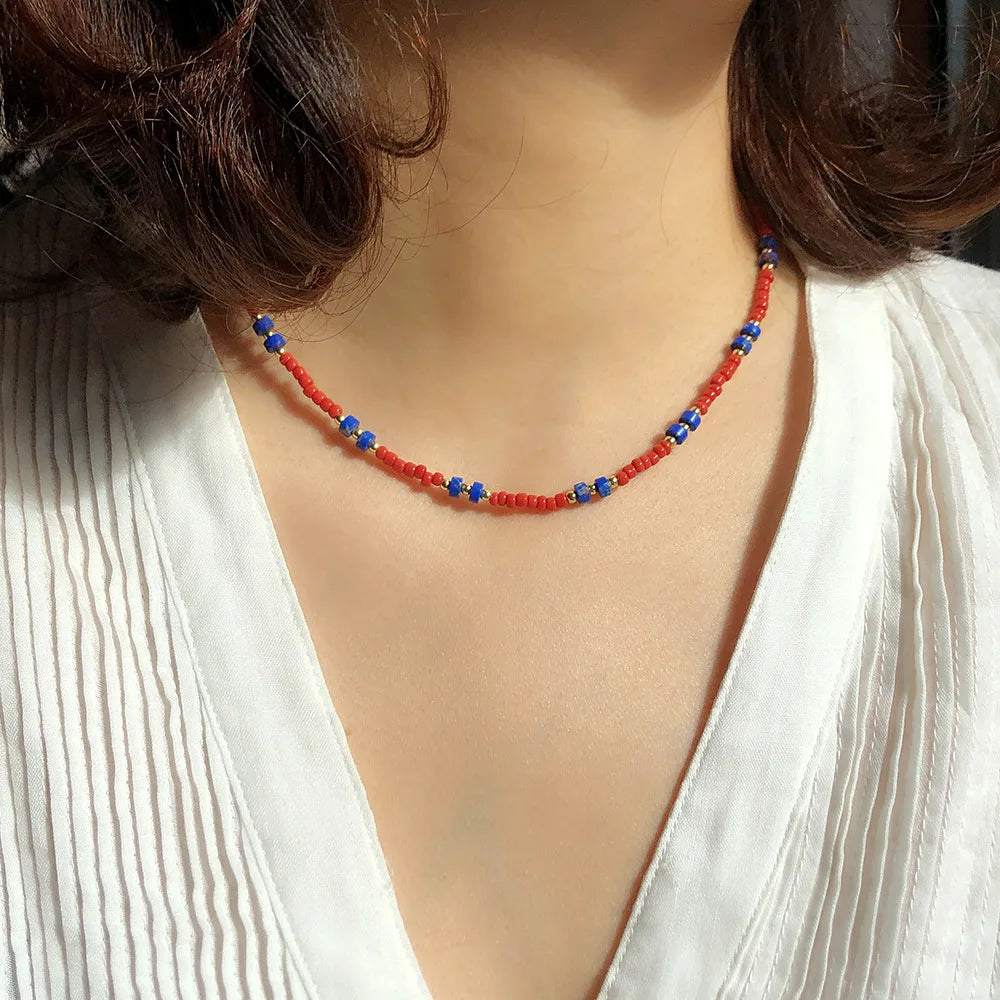Retro national style agate crystal handmade;European and American beads pine stone and Amazon gem rice beaded necklace
